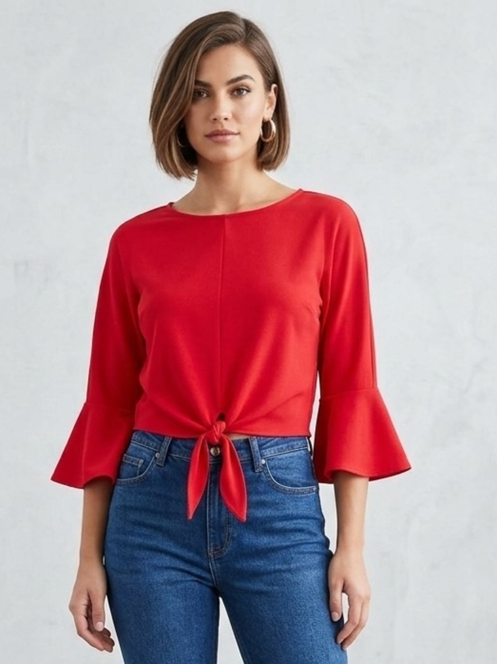 Sugarlips Bright Red Tie-Front Bell Sleeve Top